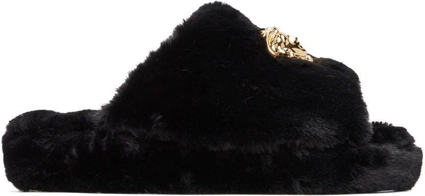 Versace Underwear Black 'La Medusa' House Faux-Fur Slippers - Picture 5