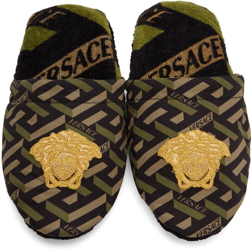 Versace Black & Khaki La Greca Slippers
