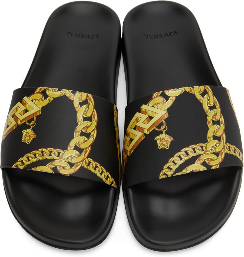 Versace Black La Greca Chain Slides