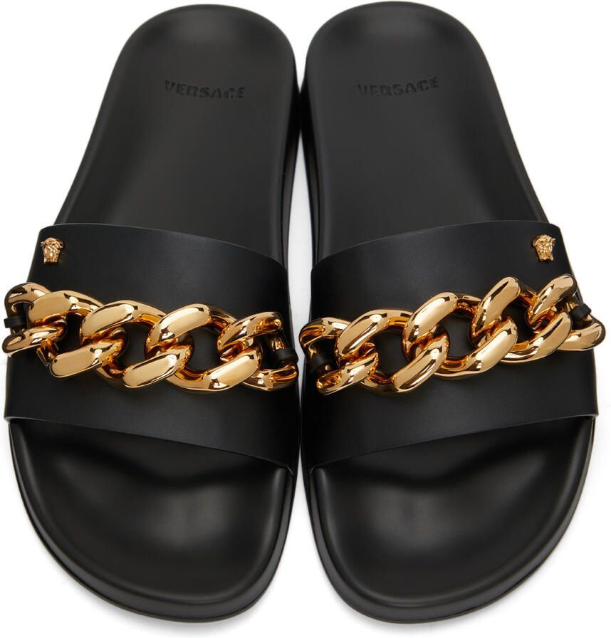Versace Black Leather Medusa Chain Slides