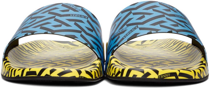 Versace Blue & Yellow 'La Greca' Print Slides - Picture 3