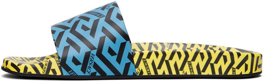 Versace Blue & Yellow 'La Greca' Print Slides - Picture 4