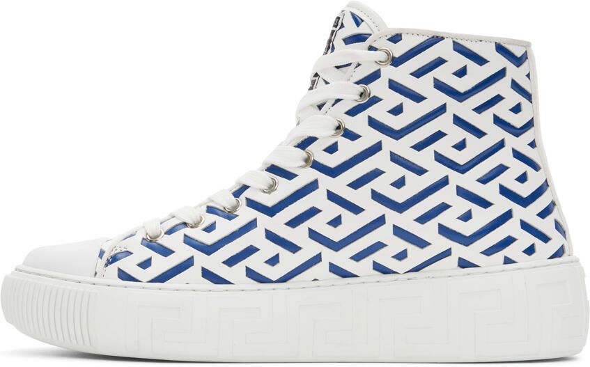 Versace White & Blue Greca Sneakers - Picture 3