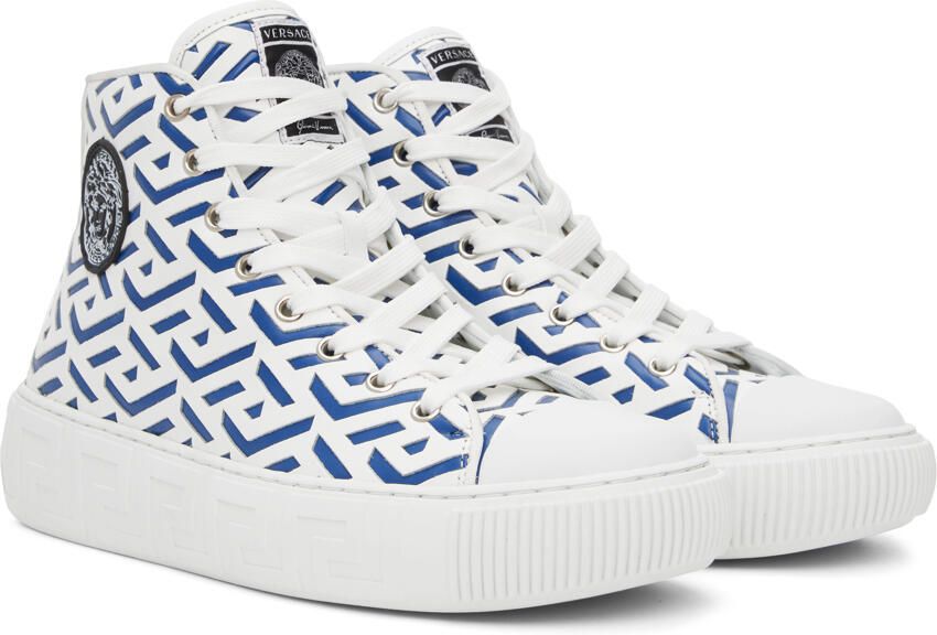 Versace White & Blue Greca Sneakers - Picture 2
