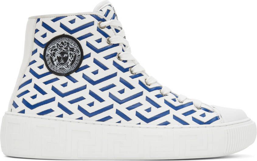 Versace White & Blue Greca Sneakers - Picture 5