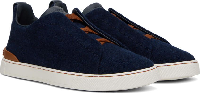 ZEGNA Navy Triple Stitch Sneakers - Picture 2