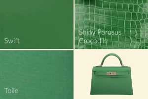 Hermes green bag in Cactus color with Swift, Shiny Perosus Crocodile, and Tolle leather options.