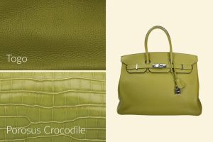 Hermes green Birkin bag in Vert Chartreuse color with Togo and Porosus Crocodile leather options.