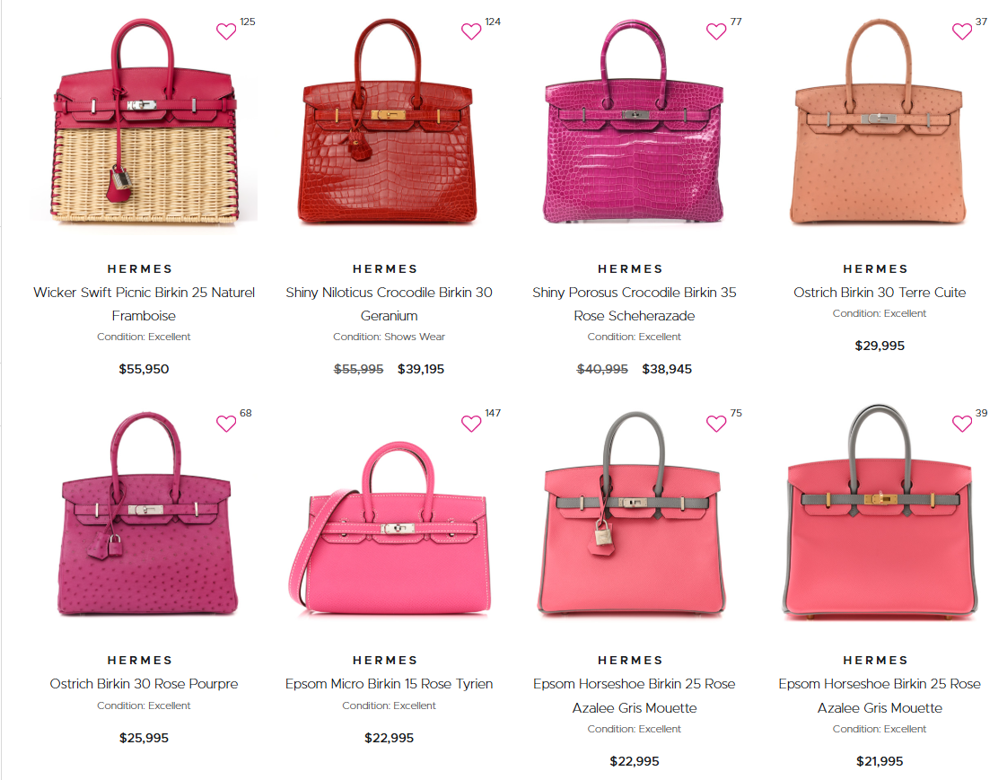 A collection of pink Birkin bags displayed on Fashionphile